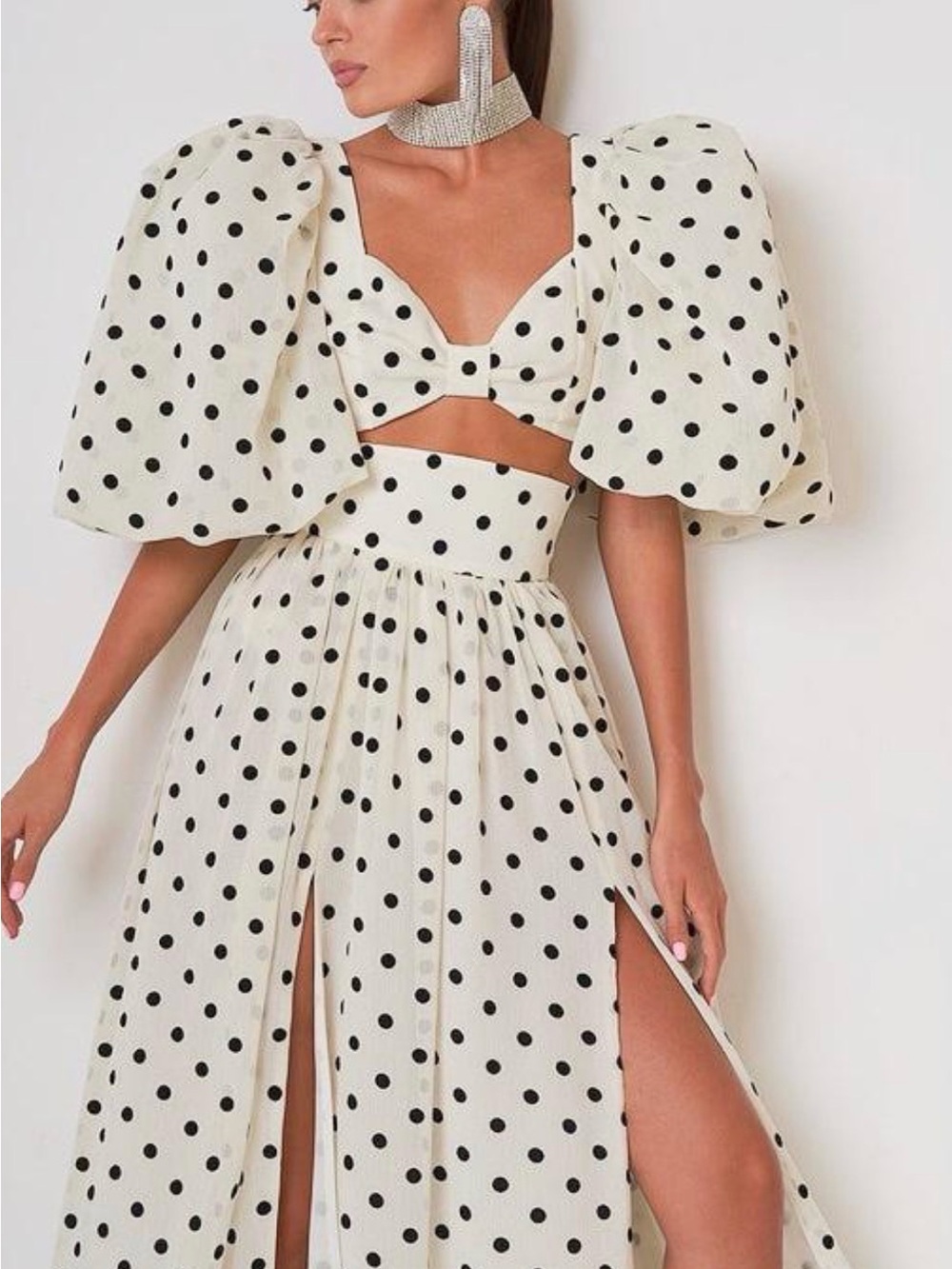 Polka Dot Puff Sleeve Two-Piece Maxi Dress in Ivory/Black